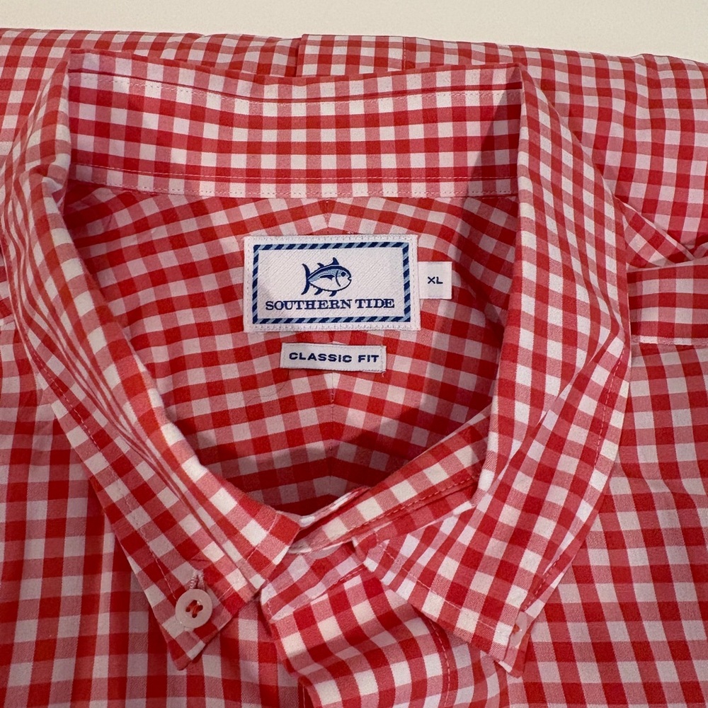 Southern Tide Orange and White Checkered Men's Shirt